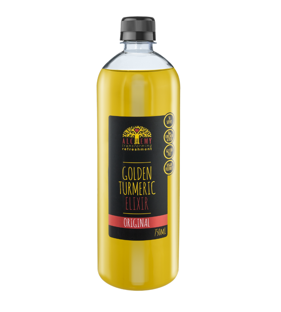 Bottle of golden turmeric elixir front