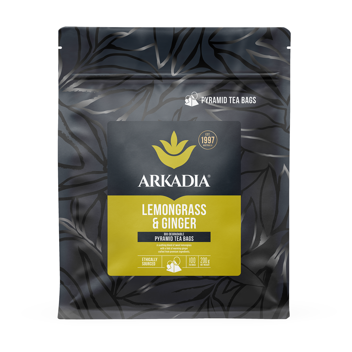 Pack of Arkadia Lemongrass & Ginger pyramid tea bags 