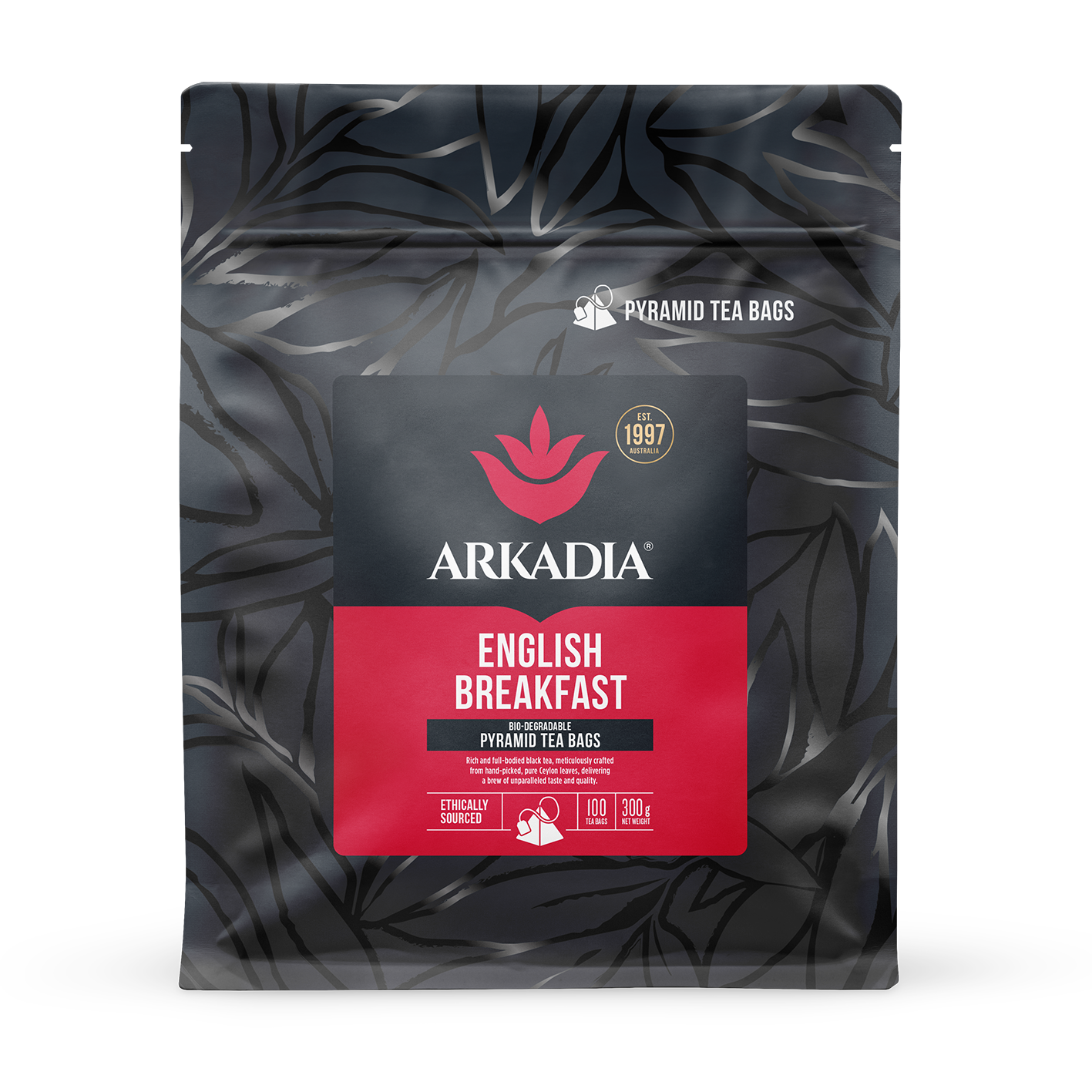 Arkadia English Breakfast pyramid tea bags in pack
