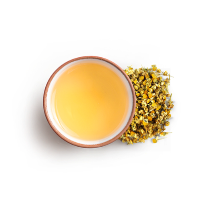 Cup of chamomile tea with tea flowers