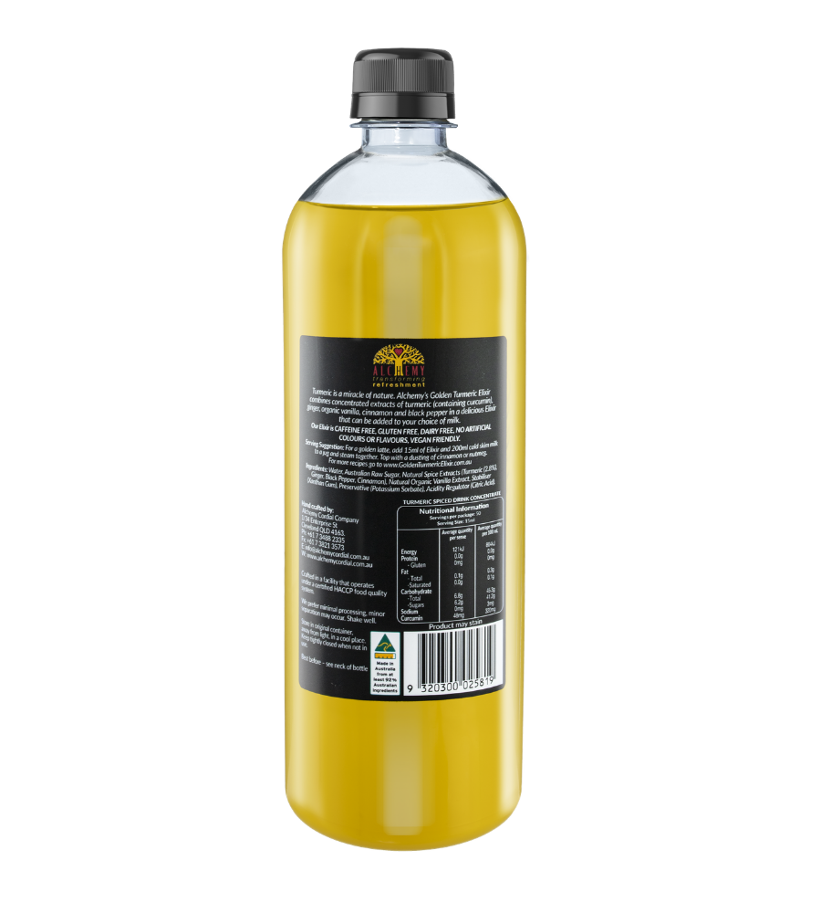 Back view of bottle of golden turmeric elixir 