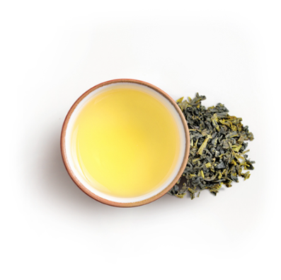 Cup of green tea with green tea leaves